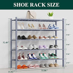 Smiry Long Bamboo Shoe Rack, 5 Tier Free Standing Wooden Shoe Organizer, Stackable Wood Shoe Storage Shelf for Closet, Entryway, 14 Vertical Slats, 2+2+1 Stack Thicker Legs, 33.7"x11"x32.5", Grey