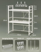 NETEL Expandable Microwave Stand,3 Tier Metal Kitchen Countertop Organizer Shelves with Paper Towel Holder and Baskets,Microwave Shelf,Microwave Oven Rack,110lbs Weight Capacity,White