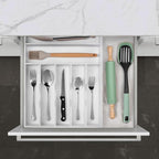 Kitchen Bamboo Silverware Organizer, Kitchen Drawer Organizer - Utensil Holder and Cutlery Tray with Grooved Drawer Dividers for Flatware 7 Slot, White