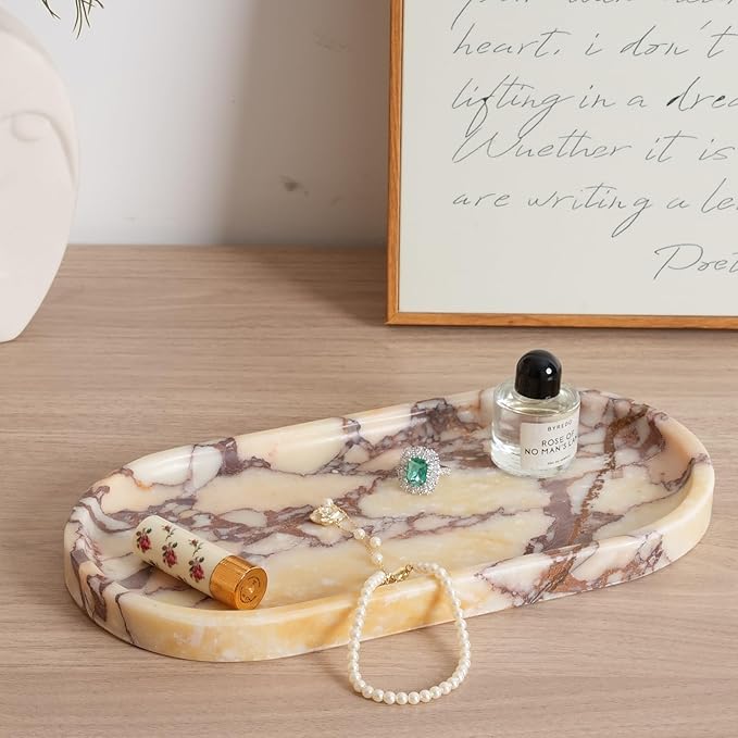 Koville Natural Marble Tray for Decor, Marble Vanity Tray for Perfume, Cosmetics, Jewelry, Stone Decorative Trays for Dresser Organizer, Storage Trays for Home Bathroom Countertop(Calacatta Viola)