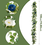 PARTY JOY 2pcs 6.56ft Eucalyptus Garland with Flowers-8 Blue White Roses, Artificial Fake Flowers Greenery Garland Floral Vines for Decoration Party Wedding Table Indoor Outdoor Backdrop Wall Decor