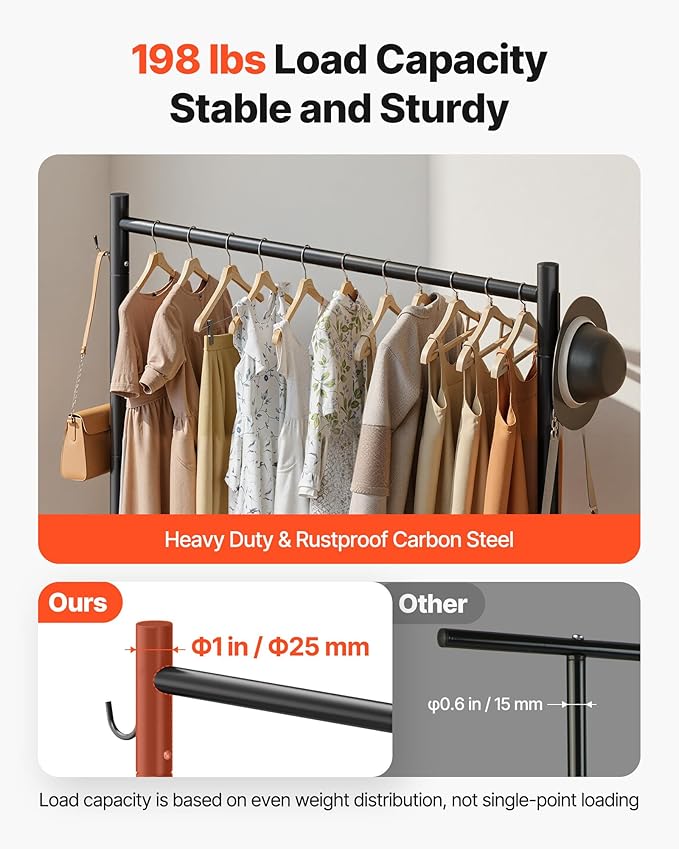 VEVOR Clothes Rack, Rolling Clothing Garment Rack with Hanging Rod and Side Hooks, 198 lbs Load Capacity, Heavy Duty Carbon Steel Clothing Racks with Wheels, Ideal for Bedroom, Laundry, Living Room