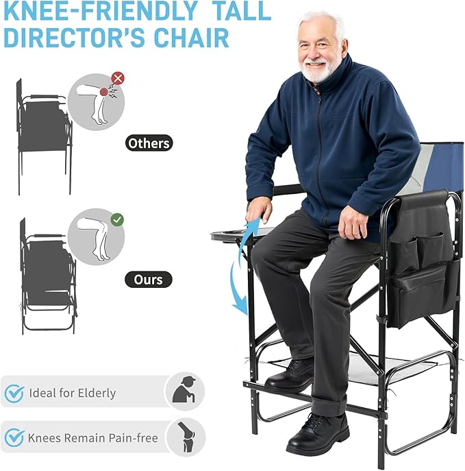 Outvita 4 Piece 31" Tall Directors Chair Height Seat Folding with Side Table Storage Bag, Support for 300Lbs Portable Makeup Artist Chair with Bar Height(Blue/Grey)