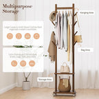 Yoobure Solid Wood Coat Rack Freestanding - Rolling Clothes Rack with 8 Hooks & Shelves, Small Clothing Rack with Wheels, Heavy Duty Clothing Racks for Hanging Clothes, Portable Hall Tree for Entryway