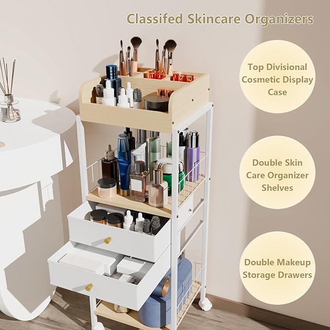 Makeup Organizer Cart Shelf Floor Skincare Organizers Make Up and Station Storage Cabinet For Vanity Standing Cosmetics With Drawers and Wheels For Nail Polish Perfume Hair Tool Holder Beauty(White)
