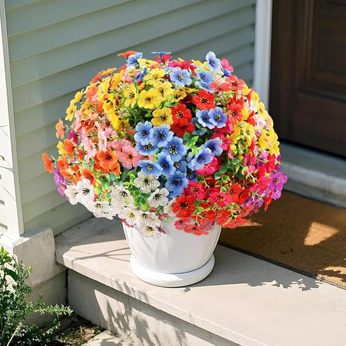 Artificial 16 Bundles Outdoor Flowers for Spring Decoration, Fake Daisy Flowers Realistic UV Resistant for Outside indoor Planter Front Door Porch Yard Patio windowsill Home Decor (Mix 8 colors)