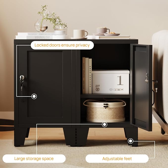 ALBAD Metal Nightstand with Lockable Cabinet, Compact Mini Locker Bedside Table