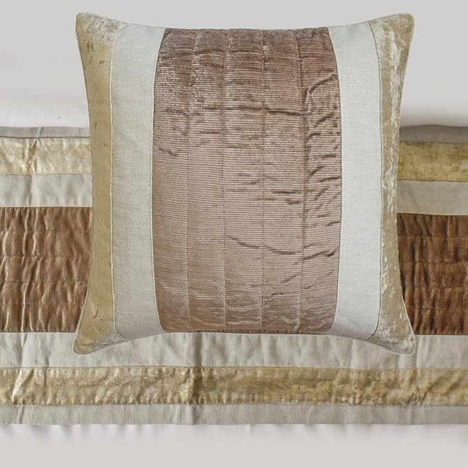 The HomeCentric King/Queen/Twin Beige Designer Queen 74"x18" Bed Runner with Two Pillow Cover, Velvet & Patchwork Bed Scarf on Velvet Fabric - Luxe Velvet Lines