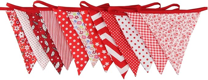 10M/32Ft Triangle Bunting Banner, 36 Pcs Cotton Fabric Flags Pennant Garlands for Birthday Party, Wedding, Baby Shower, Outdoor and Home Decorations (Red)