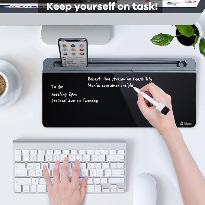 Varhomax Glass Desk Whiteboard with Storage, Desktop Organizer to-do List Memo Notepad Dry Erase White Board for Home Office and School Supplies (Gray&Black)