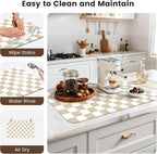 17" x 32" Checkered Dish Drying Mat for Kitchen Counter, Absorbent Coffee Bar Mat for Espresso Machine Coffee Countertops Accessories, Beige