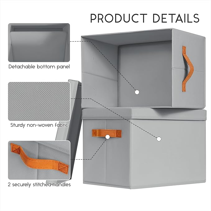 Homsorout Storage Bins with Lids - Fabric Storage Baskets for Shelves, 6 Pack Foldable Decorative Boxes with Handles, Stackable Organizer Bins for Home, Nursery, Dorm, Grey
