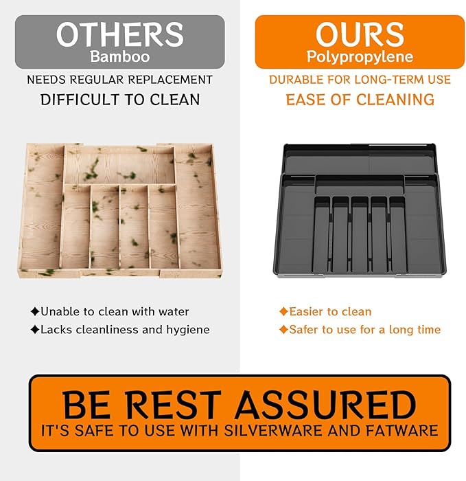 Expandable Silverware Organizers for Kitchen Drawers,Large BPA Free Cutlery Organizer in Drawer,Plastic Utensil Drawer Organizer Suitable as Flatware,Knife,Fork,Spoon,Silverware Holder and Tray,Black