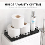 Toilet Paper Basket Organizer – Oak Wood Toilet Tank Tray with Metal Frame, Bathroom Counter Top Storage for Toilet Paper, Wipes & Decor, Modern Narrow Back of Tank Shelf Organizer, Black