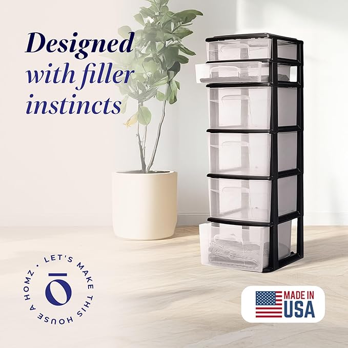 HOMZ Drawer Tower, 6-Tier Clear Plastic Storage Organizer Cart, Black Frame - Heavy-Duty Organizing Drawers for Home, Bedroom, and Closet Organization