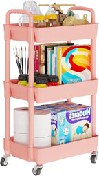 Laiensia 3-Tier Rolling Cart with Wheels,Multifunction Utility Storage Carts, Kitchen Storage Organizer,Mobile Shelving Unit for Bathroom,Laundry,with Classified Stickers,Pink