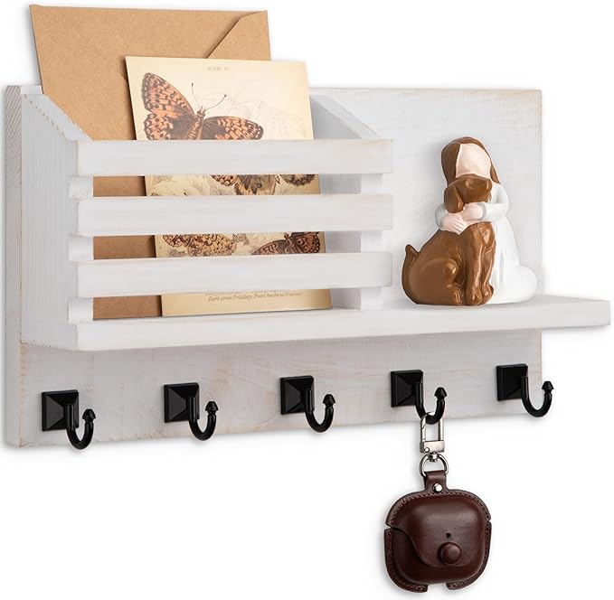 Key Holder Wall Mount, Mail Organizer for Wall with 5 Square Rustic Key Hooks Key Shelf Farmhouse Home Decor for Entryway