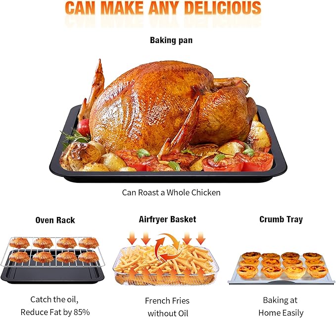 Geek Chef Air Fryer Toaster Oven 26 QT, Large AirFryer Convection Countertop Oven Combo with Easy Bake, Roast, Broil, Warm, 6 Slice Toast 7-in-1 Functions, 3 Layers with 4 Accessories,Stainless Steel