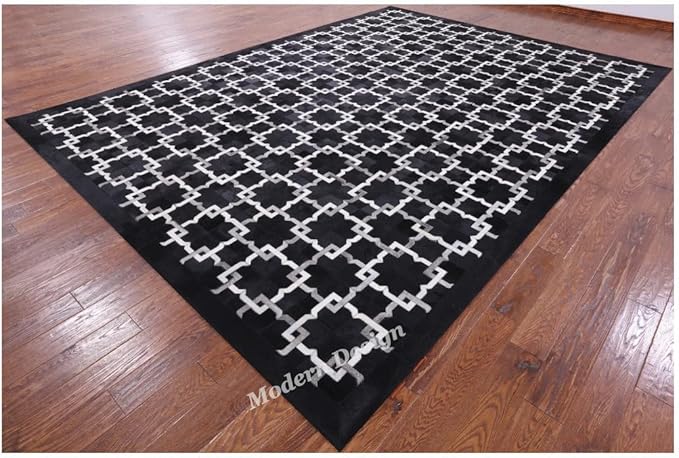 Modern Design Premium Cowhide Leather Carpet with Chevron Pattern, Area Rug (Black/Grey/White, 10x14)