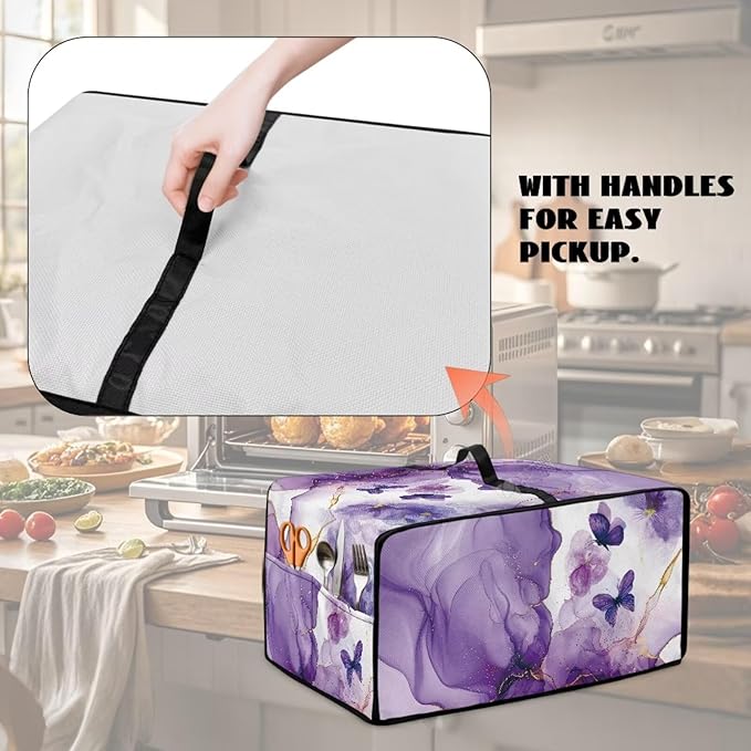 Countertop Microwave Oven Cover with Side Pockets, Dust Protection Small Appliance Toaster Ovens Dust Cover, S, 14.5 x 18.5 x 9 Inches, Violet White Marble Butterfly