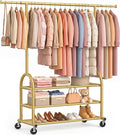 EAGMAK Heavy Duty Clothes Rack for Hanging Clothes Load 688 LBS, Height Adjustable Rolling Clothing Racks, Portable Metal Coat Rack Garment Wardrobe with Wheels and 3 Shelves for Bedroom, Gold