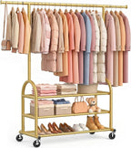 EAGMAK Heavy Duty Clothes Rack for Hanging Clothes Load 688 LBS, Height Adjustable Rolling Clothing Racks, Portable Metal Coat Rack Garment Wardrobe with Wheels and 3 Shelves for Bedroom, Gold