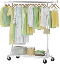 Hoctieon 1-Minute Assembly Clothes Rack, 480 lbs Heavy Duty Rolling Clothing Racks with Wheels, Foldable Garment Rack, Extendable Hanging Bar, Adjustable Metal Pole with Hooks, White