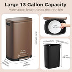 ELPHECO LPHECO Kitchen Trash Can with Lid Soft Close, 13 Gallon / 50L Stainless Steel Pedal Garbage Can, Heavy-Duty Step Wastebasket with 20 Bags, Removable Bucket, Home Office, Kitchen, Brown