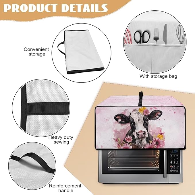 Air Fryer Toaster Oven Dust Cover Washable Fabric Convection Oven Protector with Storage Pockets, L, 18.5 x 22.5 x 13 Inches, Cow Pink Flower Pattern