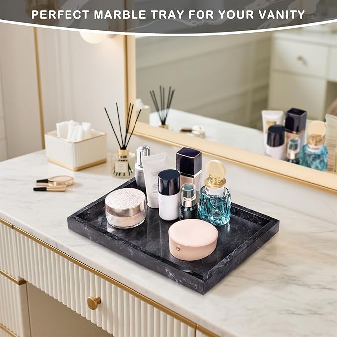 Marble Bathroom Tray for Countertop & Home Decor, Natural Decorative Marble Tray for Jewelry & Perfume Organizer, Luxury Stone Vanity Trays for Dresser, Kitchen Counter, 12" x 8", Gray Black