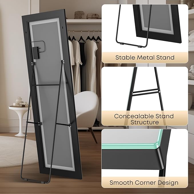 Kosmonia 65x22 Frameless Full Length Mirror, Dimmable 3 Color LED Light w/Memory Function, Distortion Free, HD Reflection & Anti Desilvering, Tempered Glass, Easy Setup w/Stand, Wall/Standing