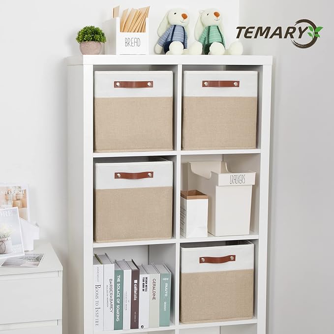 Temary Fabric Storage Cubes - 12 Inch Collapsible Bins (4Pack) - Empty Gift Baskets for Organizing Shelves, Closets, Nursery (White & Khaki)