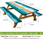 Picnic Table Cover with Bench Covers Camping Essentials Waterproof Windproof Camping Tablecloth with Drawstring Bag, Fitted Rectangle Tables and Seats, 96in, Orange Blue