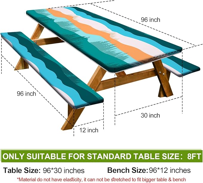 Picnic Table Cover with Bench Covers Camping Essentials Waterproof Windproof Camping Tablecloth with Drawstring Bag, Fitted Rectangle Tables and Seats, 96in, Orange Blue