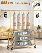 EAGMAK Heavy Duty Clothes Rack for Hanging Clothes Load 688 LBS, Height Adjustable Rolling Clothing Racks, Portable Metal Coat Rack Garment Wardrobe with Wheels and 3 Shelves for Bedroom, Gold