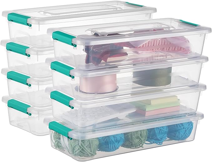 Plastic Storage Containers Clear Craft Storage Bins with Grey Handle,Organizer Box with Durable Lids Stackable Containers for Organizing Craft and Tools (8 Pack-4 Quart Green)