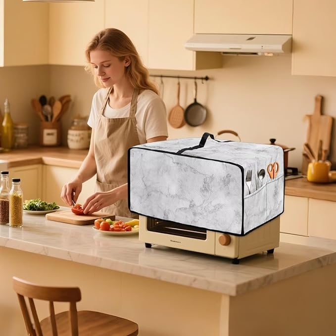 White Marble Texture Print Microwave Oven Dust Cover Polyester-Linen Fabric Dust Cover for Microwave Oven Universal Dust-Proof Kitchen Appliance Protector Fits Most Microwaves, S
