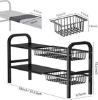 Under Sink Organizer，2 Tier Expandable Heavy Duty Metal Shelf，with 5 Removable Panels and 5 Storage Basket for Under Kitchen Bathroom Sink Organizers and Storage(Black, Large)