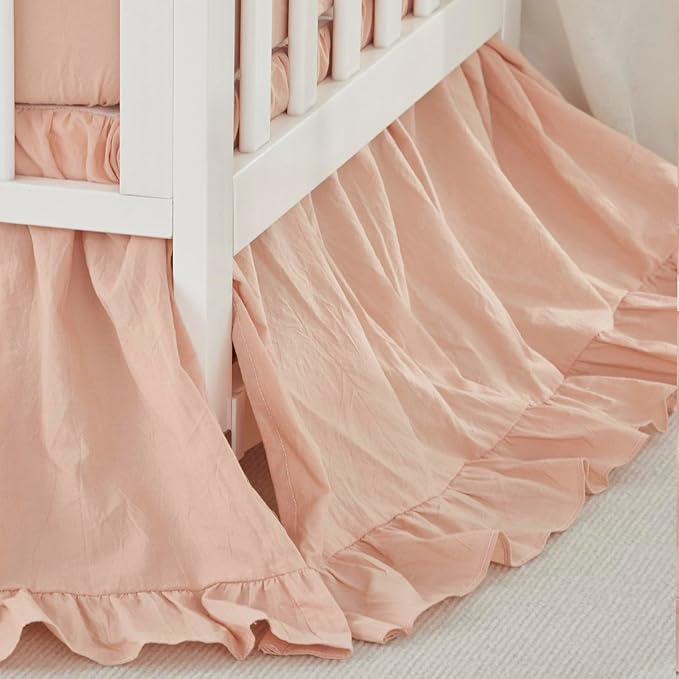 Brandream Boho Bohemian Girl Baby Nursery Crib Bed Skirt Dust Ruffle - Neutral Solid Color Blush Farmhouse Chic 100% Washed Cotton Ruffle