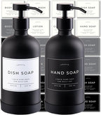 Hand and Dish Soap Dispenser for Kitchen and Bathroom, Set of 2 16 Oz Glass Bottles, Stainless Steel Pumps, Non-Slip Silicone Base, 27 Waterproof Labels (Matte Black Bottle/Black Pump)