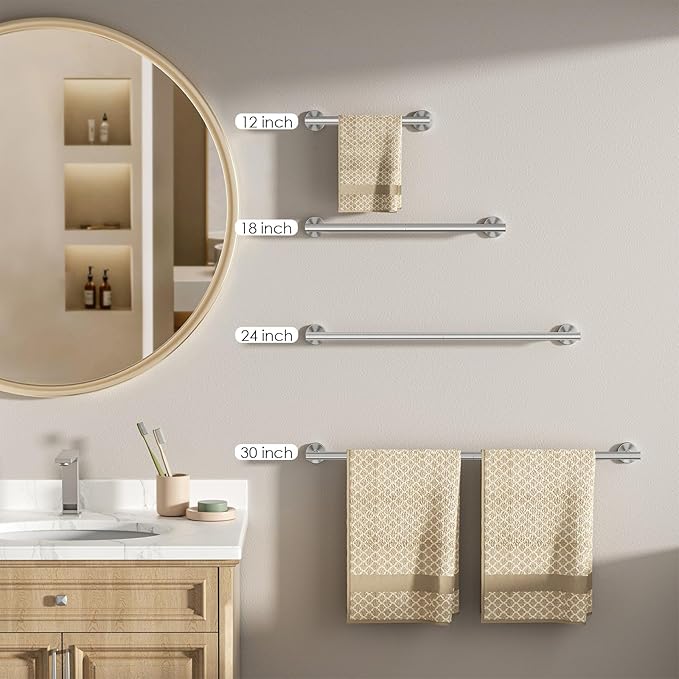 FORIOUS Towel Racks for Bathroom Wall Mounted, Stainless Steel Bathroom Towel Rack 24 Inch, Includes Wall Mounting Hardware (Brushed Nickel, Total Length 26-Inch)