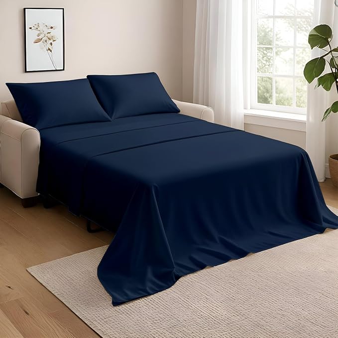 NON Sticky cotton Queen Size Sleeper Sofa Sheets, 4 Piece Egyptian Cotton Bed Sheet Set for Sofa Bed, 7" Deep Pocket for Pull Out Couch Mattress, 60" x 75", Navy Blue Solid, Soft & Breathable