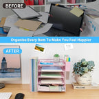 Desk Organizers and Accessories, 5-Tier Paper Letter Tray Organizer with File Holder, Drawer & Pen Holder, Office Desk Accessories, Desktop Organizer for Classroom Office Supplies, Pink