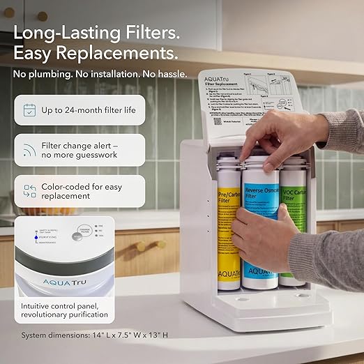 AquaTru Carafe Countertop Water Purifier | Compact 4-Stage Reverse Osmosis System with Glass Carafe Removes 84 Contaminants Including Forever Chemicals, Lead & Fluoride | No Plumbing