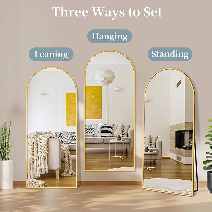 Full Length Mirror with Stand, 58"x19" Arched Full Body Mirror, Large Stand Up Aluminum Frame Floor Freestanding Hanging Leaning Mounted for Bedroom Living Room Entryway Gold