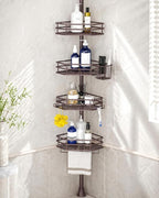 SEIRIONE Corner Shower Caddy Tension Pole, Quick Setup, Rust-Free Bathroom Shower Organizer Corner for Bathtub Shampoo Storage, 4-Tier Adjustable Shelf, Drill Free, Fits 34 to 116 Inch Height, Bronze
