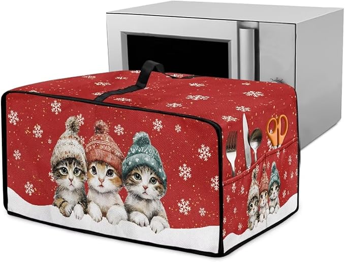 Toaster Oven Cover Dustproof Protective Countertop Convection Oven Cover with Side Pockets for Christmas Holiday Decorations, S, 14.5 x 18.5 x 9 Inches, Cat Snowflake Red