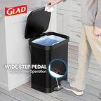 Glad Stainless Steel Step Trash Can, Series 2 with Clorox Protection - Large Black Kitchen Garbage Bin with Soft Close Lid, Foot Pedal and Waste Bag Roll Holder, 13 Gallon