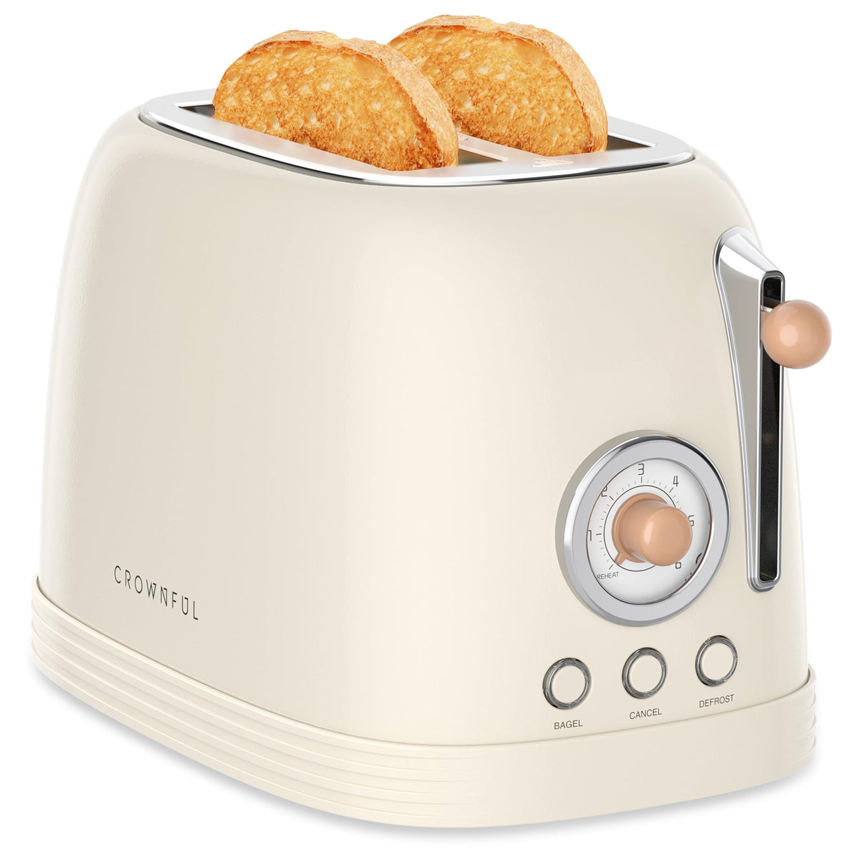 CROWNFUL 2-Slice Toaster, Extra Wide Slots Toaster, Retro Stainless Steel with Bagel, Cancel, Defrost, Reheat Function and 6-Shade Settings, Removal Crumb Tray, Cream