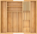 TIOPGHAD Bamboo-Silverware-Drawer-Organizer-Kitchen, Expandable Utensil Holder Cutlery Tray Flatware Organization Adjustable Wood Tableware Dividers Storage (with Removable Knife Block)(Natural)